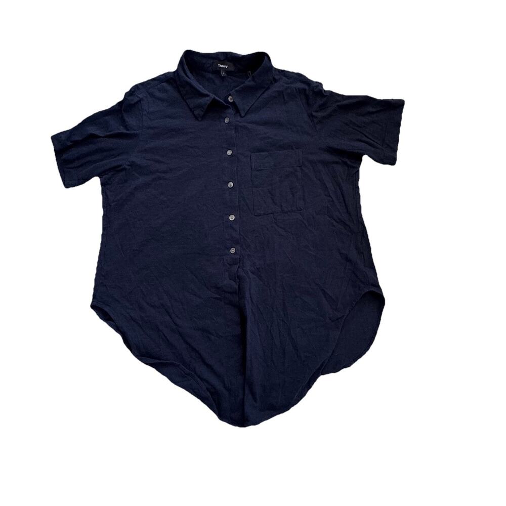 Theory Navy Slub Button Down 100% Cotton Shirt Peru Womens L Classic Preppy